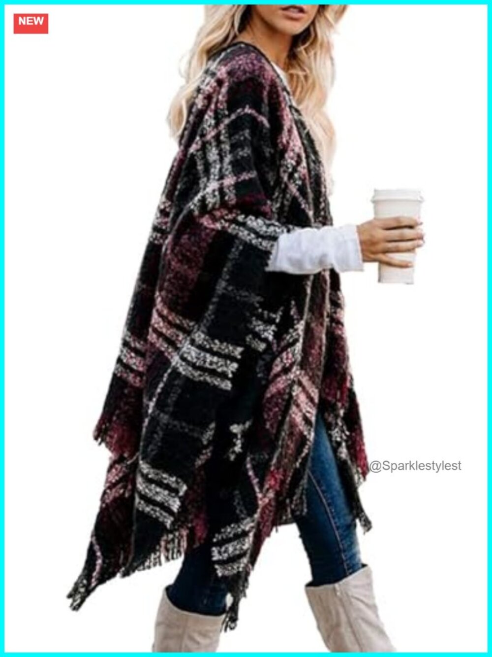 Plaid Shawl Wrap Women Boho Open Front Poncho Tassel Hem Fall Winter